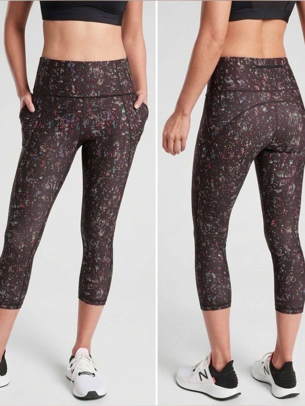 Athleta Lightning City Lights Black Capri Leggings with Multicolor Speckle Print